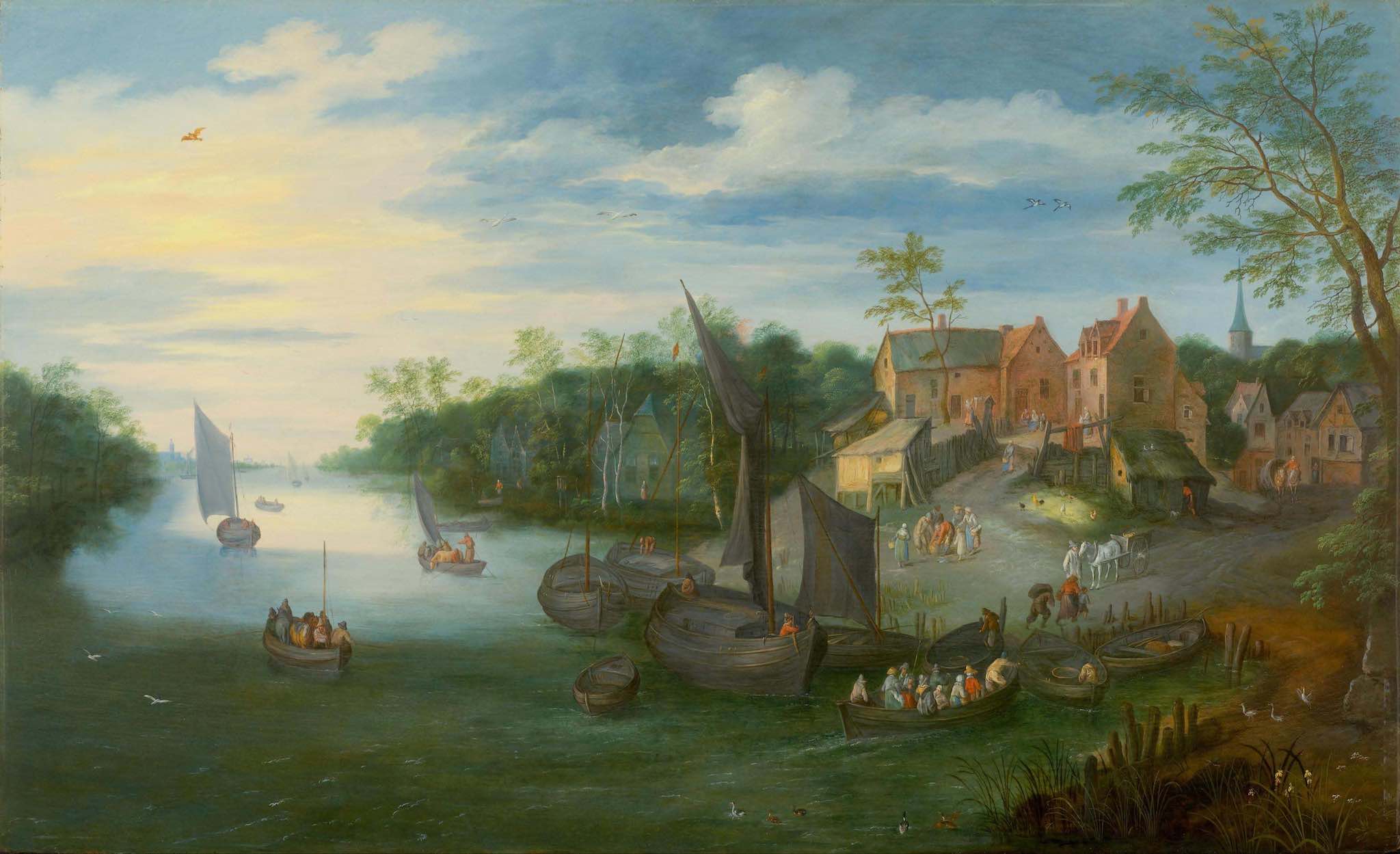 Tableau de paysage de rivière et bateaux de Brueghel le jeune